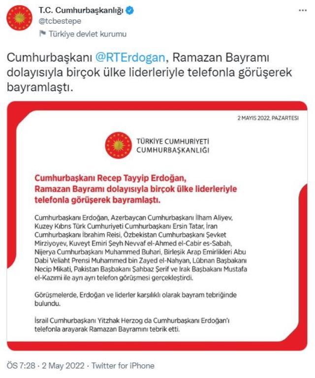 Cumhurbaşkanı Erdoğan birçok ülke liderleriyle bayramlaştı! İsrail'den de bayram tebriği geldi