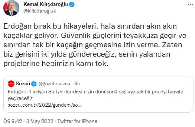 Cumhurbaşkanı Erdoğan'ın '1 milyon Suriyeli' açıklamasına Kılıçdaroğlu'ndan yanıt Cumhurbaşkanı Erdoğan'ın '1 milyon Suriyeli' açıklamasına Kılıçdaroğlu'ndan yanıt