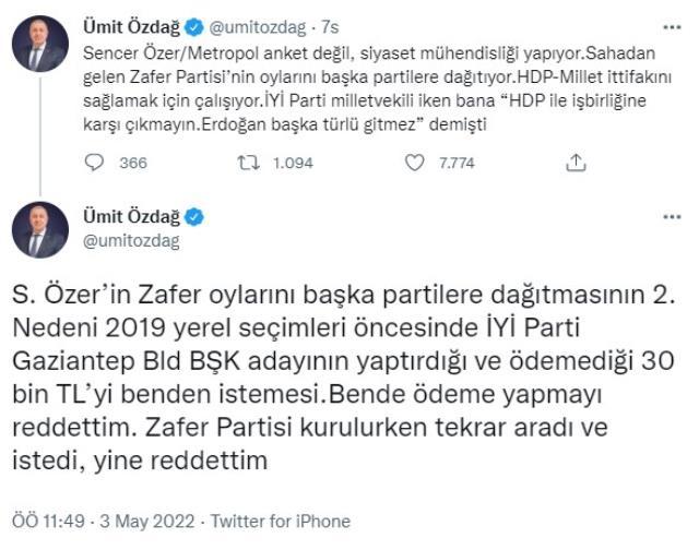 MetroPOLL'ün son anketinde aldığı oy oranını gören Zafer Partisi lideri Ümit Özdağ, veryansın etti: Para istedi, vermedim