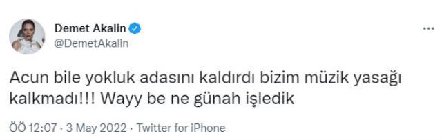 Şarkıcı Demet Akalın'dan Cumhurbaşkanı Erdoğan'a 'müzik yasağı kaldırılsın' talebi Şarkıcı Demet Akalın'dan Cumhurbaşkanı Erdoğan'a 'müzik yasağı kaldırılsın' talebi