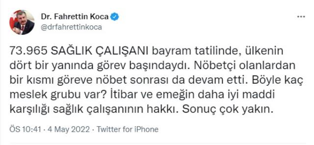 Bakan Koca, bayram tatilinde 73 bin 965 sağlık çalışanının görev yaptığını bildirdi Bakan Koca, bayram tatilinde 73 bin 965 sağlık çalışanının görev yaptığını bildirdi