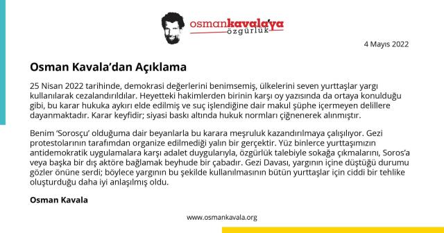 Gezi davasında müebbet hapis cezası alan Osman Kavala: Gezi protestolarının tarafımdan organize edilmediği yalın bir gerçektir