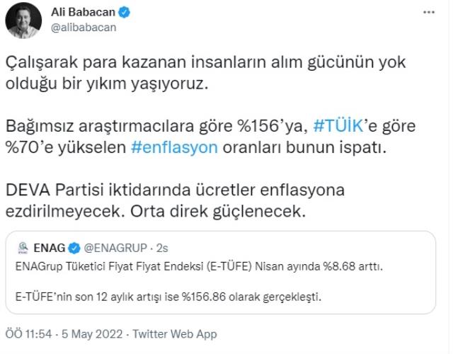 Babacan'dan enflasyon rakamlarına ilk yorum: Çalışarak para kazananların alım gücünün yok olduğu bir yıkım yaşıyoruz Babacan'dan enflasyon rakamlarına ilk yorum: Çalışarak para kazananların alım gücünün yok olduğu bir yıkım yaşıyoruz