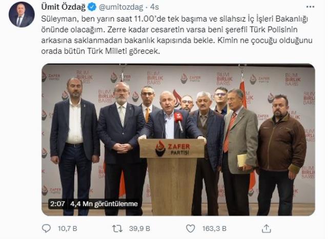 Bakan Soylu'ya meydan okuyan Ümit Özdağ'dan yeni paylaşım: Bu iş seninle benim aramda, cesaret edemezsen seni başka yerde bulurum Bakan Soylu'ya meydan okuyan Ümit Özdağ'dan yeni paylaşım: Bu iş seninle benim aramda, cesaret edemezsen seni başka yerde bulurum