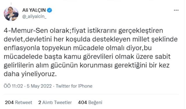 Memur-Sen Genel Başkanı Ali Yalçın: Eşel-Mobil sistemi şart