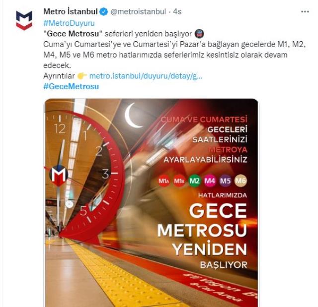 İstanbul'da 'Gece Metrosu' seferleri yeniden başladı İstanbul'da 'Gece Metrosu' seferleri yeniden başladı