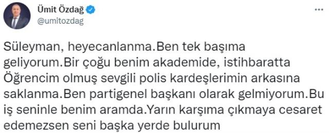 Saat 11.00'de İçişleri'ne gideceğini açıklayan Ümit Özdağ, Süleyman Soylu'ya yeni mesaj: Duydum ki barikatlar kurmuşsun Saat 11.00'de İçişleri'ne gideceğini açıklayan Ümit Özdağ, Süleyman Soylu'ya yeni mesaj: Duydum ki barikatlar kurmuşsun