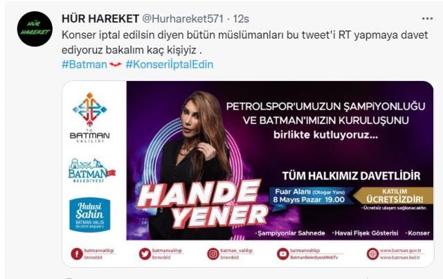 Batman'da üç partiden 'Hande Yener'i istemiyoruz' kampanyası: Petrolspor şampiyonluk konserinde sahne alacak Batman'da üç partiden 'Hande Yener'i istemiyoruz' kampanyası: Petrolspor şampiyonluk konserinde sahne alacak
