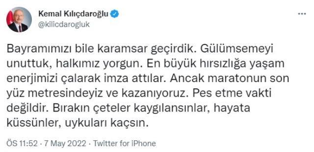 Kılıçdaroğlu: Yaşam enerjimizi çaldılar ama kazanıyoruz! Bırakın çeteler kaygılansınlar, hayata küssünler, uykuları kaçsın Kılıçdaroğlu: Yaşam enerjimizi çaldılar ama kazanıyoruz! Bırakın çeteler kaygılansınlar, hayata küssünler, uykuları kaçsın