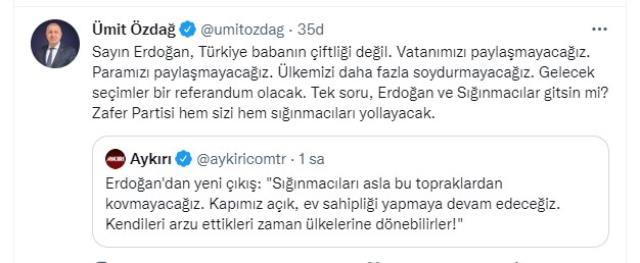 Erdoğan'a Ümit Özdağ'dan yanıt: Gelecek seçimler Erdoğan ve sığınmacılar için bir referandum olacak! Erdoğan'a Ümit Özdağ'dan yanıt: Gelecek seçimler Erdoğan ve sığınmacılar için bir referandum olacak!