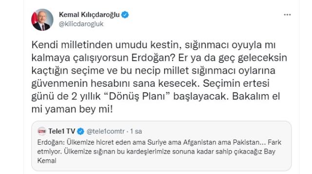 Kılıçdaroğlu'ndan Erdoğan'a sığınmacı tepkisi: Bu necip millet, sığınmacı oylarına güvenmenin hesabını sana kesecek!