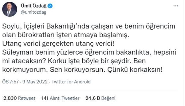 Öğrencisi olan bürokratların İçişleri'nden atıldığını iddia eden Özdağ'dan Bakan Soylu'ya sert sözler Öğrencisi olan bürokratların İçişleri'nden atıldığını iddia eden Özdağ'dan Bakan Soylu'ya sert sözler