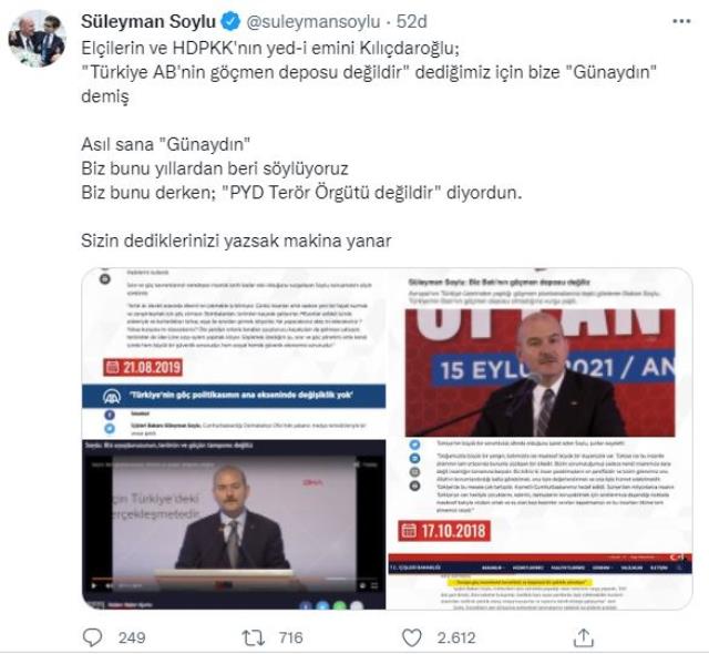 Bakan Soylu'dan sığınmacılar kendisine 'Günaydın' diyen Kılıçdaroğlu'na yanıt: Sizin dediklerinizi yazsak makina yanar Bakan Soylu'dan sığınmacılar kendisine 'Günaydın' diyen Kılıçdaroğlu'na yanıt: Sizin dediklerinizi yazsak makina yanar