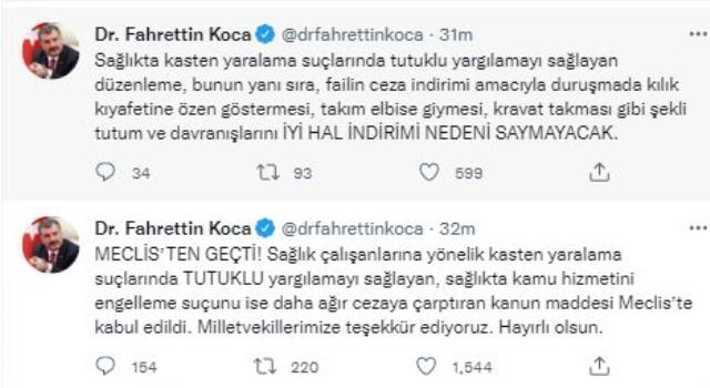 Son Dakika: Yasa Meclis'ten geçti! Sağlık çalışanlarına şiddet uygulayanlar tutuklu yargılanacak Son Dakika: Yasa Meclis'ten geçti! Sağlık çalışanlarına şiddet uygulayanlar tutuklu yargılanacak