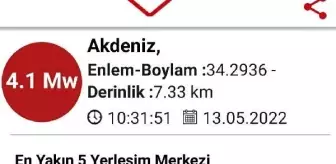 Akdeniz'de 4.1 büyüklüğünde deprem