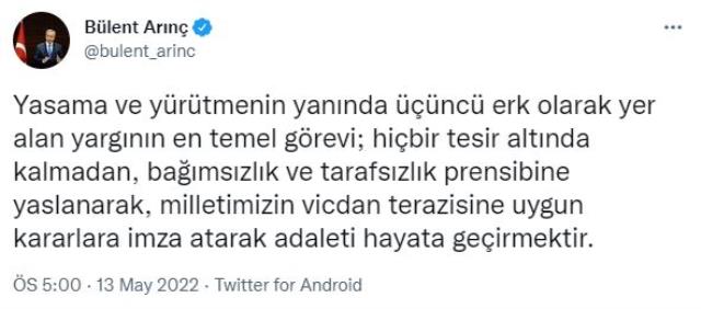 Bülent Arınç'tan Canan Kaftancıoğlu paylaşımı: Dünün mağdurlarının hukuksuzluklara gözünü yumması kamu vicdanını yaralamaktadır
