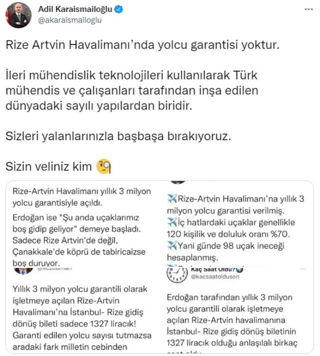 Bakan Karaismailoğlu'ndan Rize-Artvin Havalimanı iddialarına yanıt: Sizi yalanlarınızla baş başa bırakıyoruz
