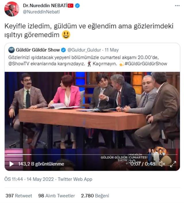 Bakan Nebati'den Güldür Güldür'de yayınlanan skecine ilk yorum: Keyifle izledim