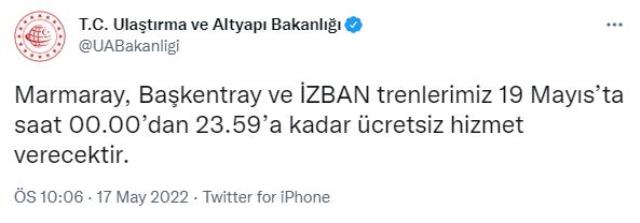 Son Dakika: Marmaray, Başkentray ve İZBAN trenleri 19 Mayıs'ta ücretsiz hizmet verecek Son Dakika: Marmaray, Başkentray ve İZBAN trenleri 19 Mayıs'ta ücretsiz hizmet verecek