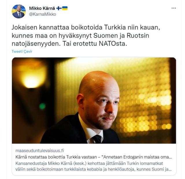 Finlandiyalı milletvekilinden boykot çağrısı: Türkiye'ye tatile gitmeyelim, Türk otomobilleri almayalım, Türk kebabı yemeyelim Finlandiyalı milletvekilinden boykot çağrısı: Türkiye'ye tatile gitmeyelim, Türk otomobilleri almayalım, Türk kebabı yemeyelim