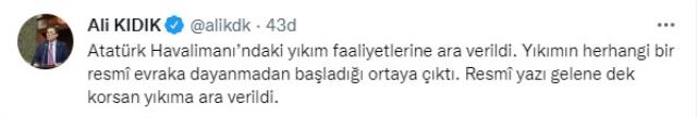 İYİ Partili Ali Kıdık'tan bomba Atatürk Havalimanı iddiası! 'Yıkım resmi evraka dayanmadan başlatıldı! Korsan yıkıma ara verildi'