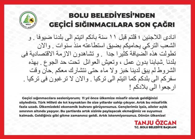 Tanju Özcan, Bolu sokaklarına Arapça ilan astırarak sığınmacılara seslendi: Dönün artık ülkenize