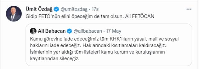 Ümit Özdağ'dan 'KHK'lıların haklarını iade edeceğiz' diyen Babacan'a sert tepki: Gidip FETÖ'nün elini öpeceğim de tam olsun Ümit Özdağ'dan 'KHK'lıların haklarını iade edeceğiz' diyen Babacan'a sert tepki: Gidip FETÖ'nün elini öpeceğim de tam olsun