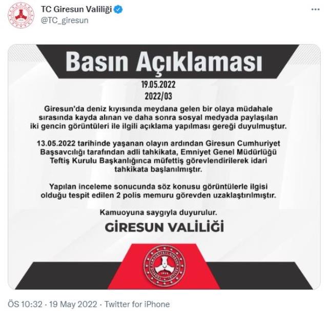 Sahilde uygunsuz görüntülenen gençlerle ilgili Giresun Valiliği'nden açıklama: 2 polis görevden alındı