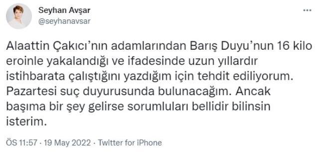 Gazeteci Seyhan Avşar: Alaattin Çakıcı'nın adamını yazdığım için tehdit ediliyorum, başıma bir şey gelirse sorumluları bellidir