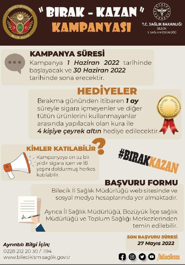 Bilecik'te sigarayı bırakan 4 kişiye çeyrek altın hediye edilecek Bilecik'te sigarayı bırakan 4 kişiye çeyrek altın hediye edilecek