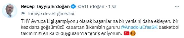 Cumhurbaşkanı Erdoğan, THY Avrupa Ligi şampiyonu Anadolu Efes'i kutladı Cumhurbaşkanı Erdoğan, THY Avrupa Ligi şampiyonu Anadolu Efes'i kutladı