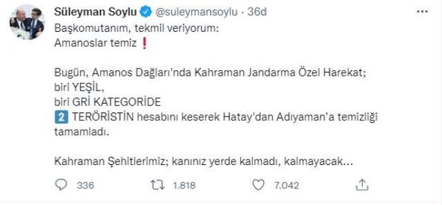 Son Dakika: Jandarma Özel Harekat, Amanos Dağları'nda biri yeşil diğeri gri kategoride olmak üzere iki teröristi etkisiz hale getirdi