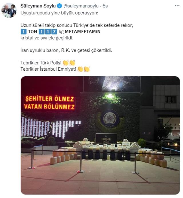 Bakan Soylu 'Türkiye rekoru' diye duyurdu: 1 ton 117 kg metamfetamin kristal ve sıvı ele geçirildi Bakan Soylu 'Türkiye rekoru' diye duyurdu: 1 ton 117 kg metamfetamin kristal ve sıvı ele geçirildi