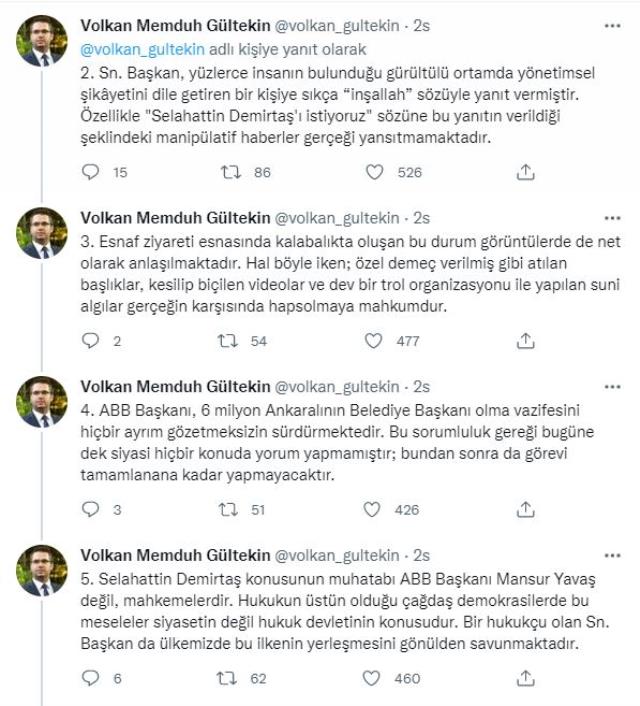 Mansur Yavaş'ın 'Demirtaş'ı istiyoruz' diyen vatandaşa verdiği yanıtla ilgili Ankara Belediyesi'nden açıklama: Gerçeği yansıtmıyor
