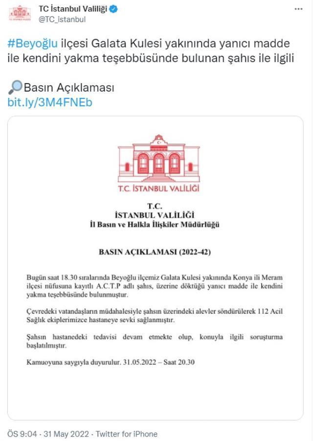 Galata Kulesi önünde kendisi yakan kişiyle ilgili İstanbul Valiliği'nden ilk açıklama: Soruşturma başlatıldı