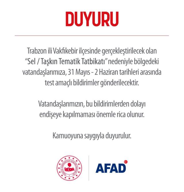 Trabzon'daki sel tatbikatı nedeniyle vatandaşlara uyarı: Test amaçlı bildirimler gelecek, endişelenmeyin Trabzon'daki sel tatbikatı nedeniyle vatandaşlara uyarı: Test amaçlı bildirimler gelecek, endişelenmeyin