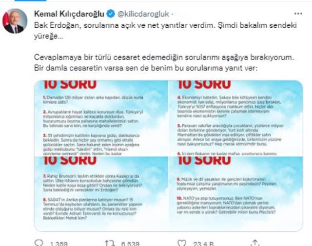 Son Dakika: Kendisine yöneltilen sorulara yanıt veren Kılıçdaroğlu'ndan Cumhurbaşkanı Erdoğan'a 10 soru