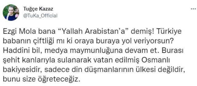 Tuğçe Kazaz'dan kendisine 'Yallah Arabistan'a' diyen Ezgi Mola'ya cevap: Medya maymunu