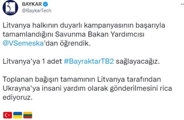 Baykar'dan Litvanya'ya ücretsiz SİHA: Topladığınız bağışları Ukrayna'ya göndermenizi rica ediyoruz Baykar'dan Litvanya'ya ücretsiz SİHA: Topladığınız bağışları Ukrayna'ya göndermenizi rica ediyoruz