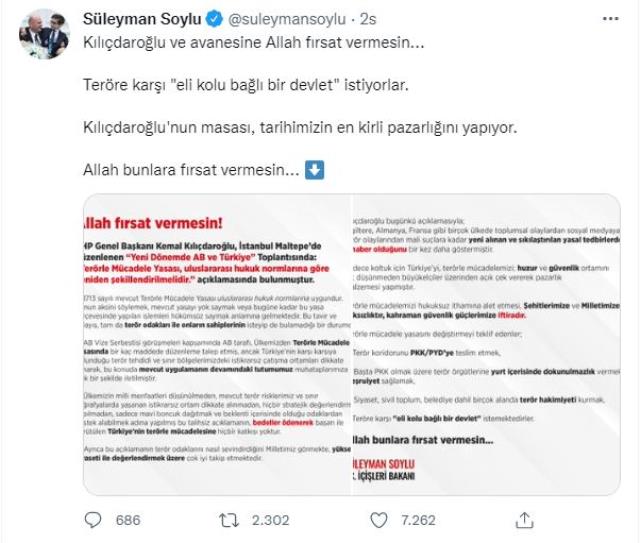 İçişleri Bakanı Soylu'dan Kılıçdaroğlu'na tepki: Allah bunlara fırsat vermesin İçişleri Bakanı Soylu'dan Kılıçdaroğlu'na tepki: Allah bunlara fırsat vermesin