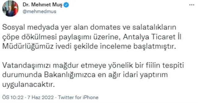 Bakan Muş, çöpe dökülen domates ve salatalık görüntülerine inceleme başlatıldığını duyurdu Bakan Muş, çöpe dökülen domates ve salatalık görüntülerine inceleme başlatıldığını duyurdu