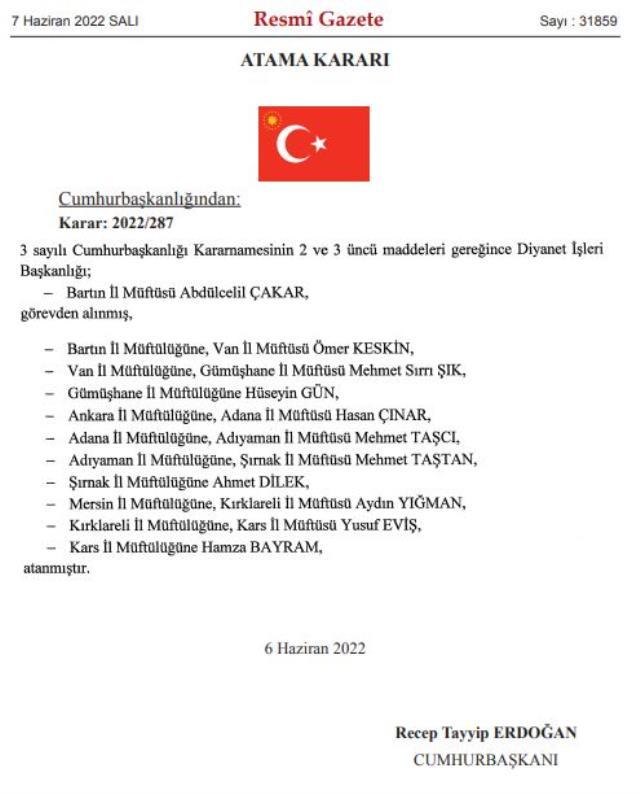 Cumhurbaşkanı atama kararı ile 1 ilin müftüsü görevden alındı, 10 ilin müftüsü değişti