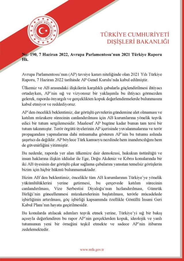 Dışişleri Bakanlığı: 'AP'nin sığ ve vizyonsuz bir yaklaşımla (Türkiye'ye ilişkin) raporda ön yargılı ve gerçeklikten kopuk değerlendirmelerde... Dışişleri Bakanlığı: 'AP'nin sığ ve vizyonsuz bir yaklaşımla (Türkiye'ye ilişkin) raporda ön yargılı ve gerçeklikten kopuk değerlendirmelerde...