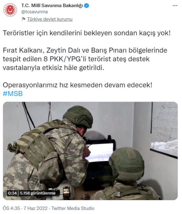 Fırat Kalkanı, Zeytin Dalı ve Barış Pınarı bölgelerinde 8 terörist etkisiz hale getirildi Fırat Kalkanı, Zeytin Dalı ve Barış Pınarı bölgelerinde 8 terörist etkisiz hale getirildi