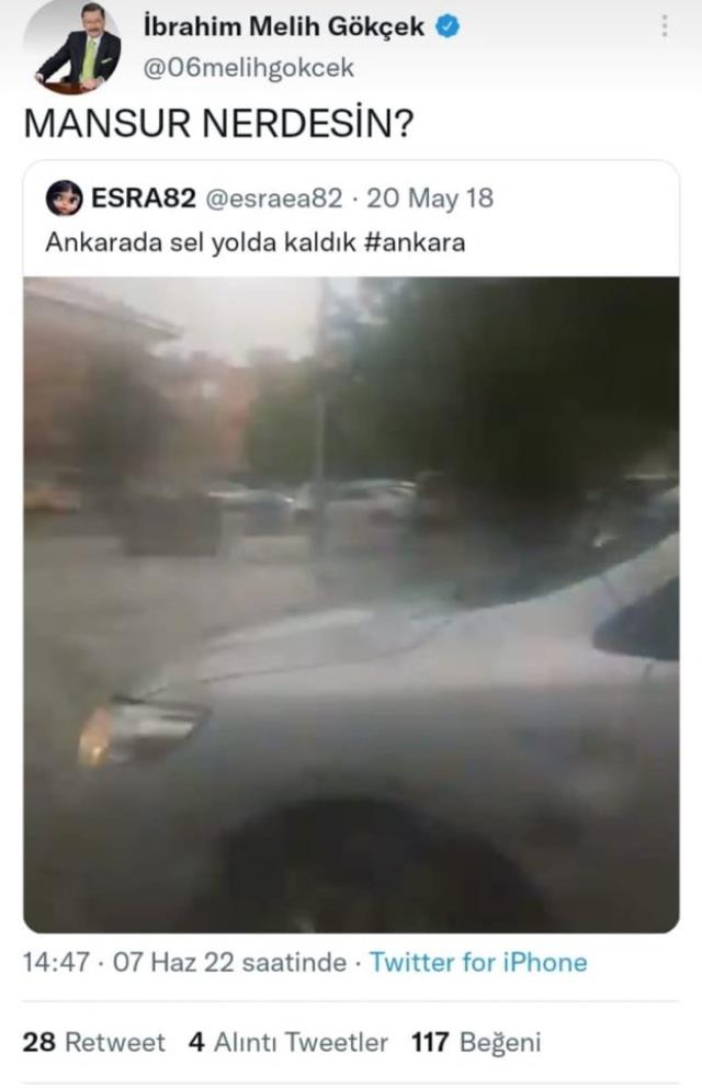 Melih Gökçek, başkentteki selle ilgili Mansur Yavaş'ı eleştirdi! Gerçeği öğrenince apar topar paylaşımını sildi Melih Gökçek, başkentteki selle ilgili Mansur Yavaş'ı eleştirdi! Gerçeği öğrenince apar topar paylaşımını sildi