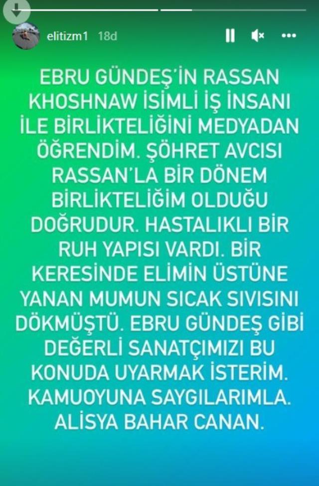 Geçmişte Rassan Khoshnaw ile aşk yaşayan Bahar Candan'dan Ebru Gündeş'e uyarı: O ruh hastası elimi yaktı