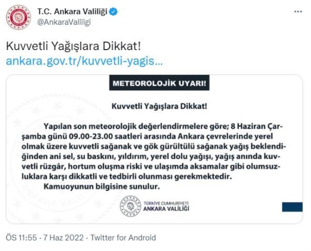 Valilik'ten Ankaralılara uyarı: Sel baskını, kuvvetli rüzgar ve hortum oluşma riski var Valilik'ten Ankaralılara uyarı: Sel baskını, kuvvetli rüzgar ve hortum oluşma riski var