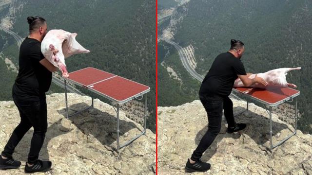 Çekim için götürdüğü kuzuyu bin 650 metreden böyle düşürdü