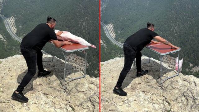 Çekim için götürdüğü kuzuyu bin 650 metreden böyle düşürdü