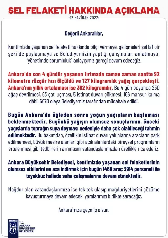 Ankara Büyükşehir Belediyesi: Fırtınada saatte 92 km rüzgâr hızı ölçüldü ve 127 kg yağış gerçekleşti